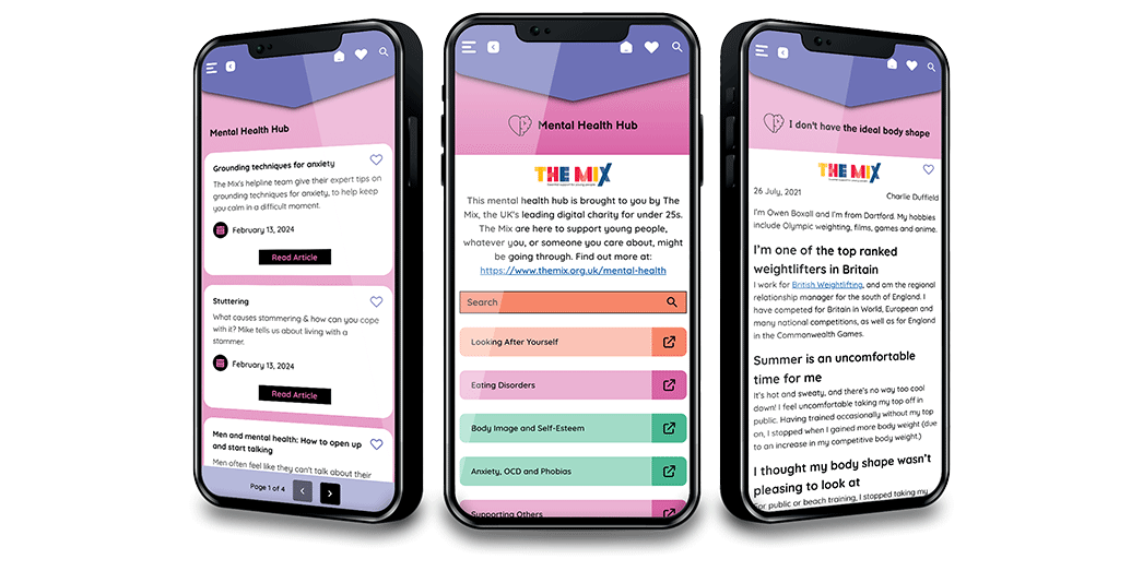 Images showing screens from the Mental Health Hub on the Camden Pocket PA App