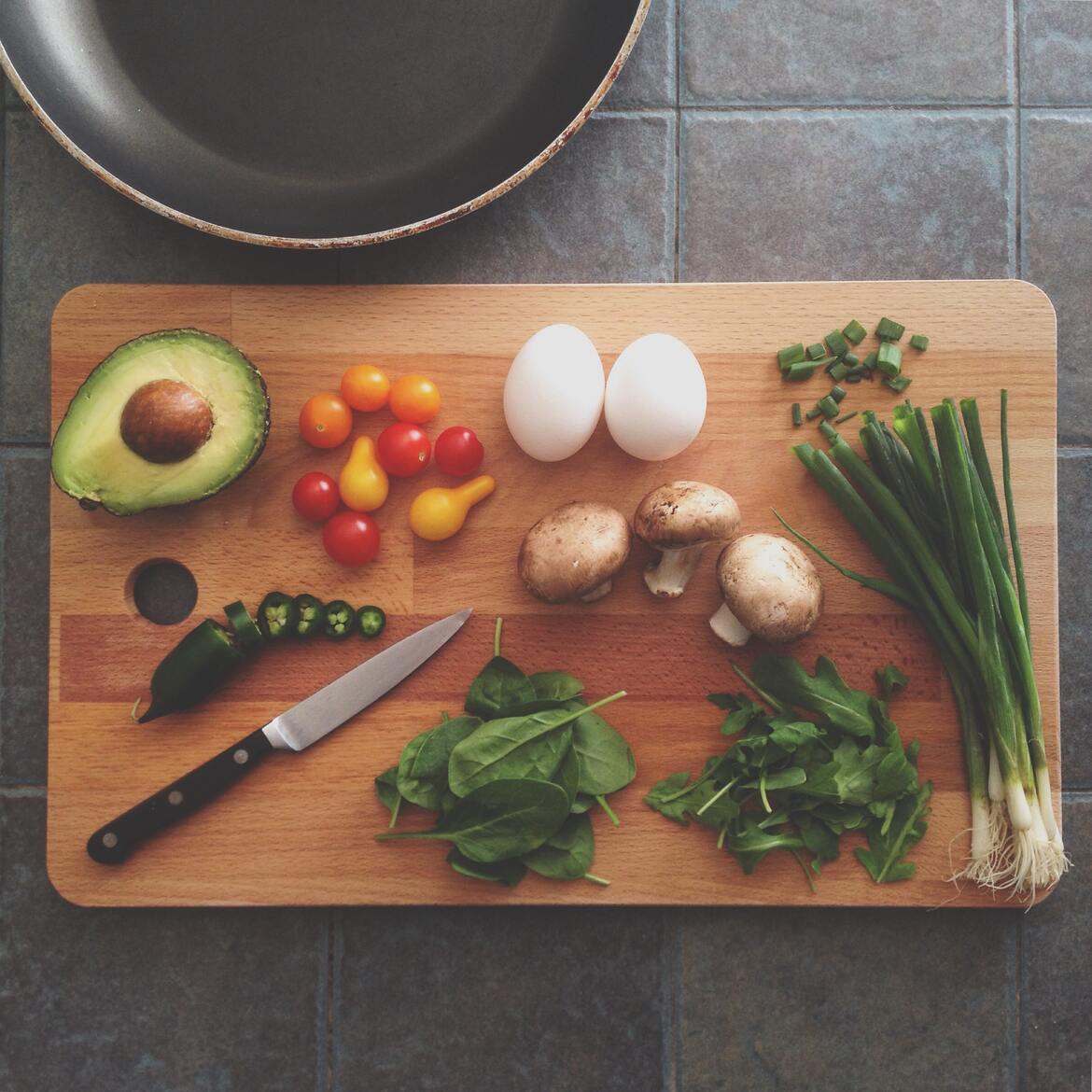 Fruit and vegetables on a chopping board