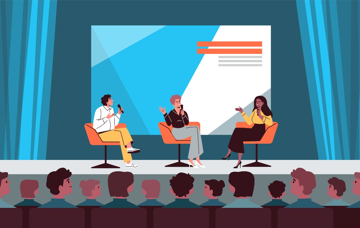 Vector illustration of speakers on stage with a microphone. A design that displays the event in a hall with an audience and a presentation screen.