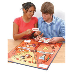 male and female teenager playing the game, male is spinning the wheel while the female is reading the card 