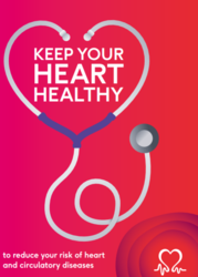 Red leaflet cover with a stethoscope in the shape of a heart, titled keep your heart healthy  