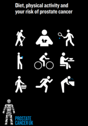 Black leaflet background with white images of men taking part in different physical activities and eating 